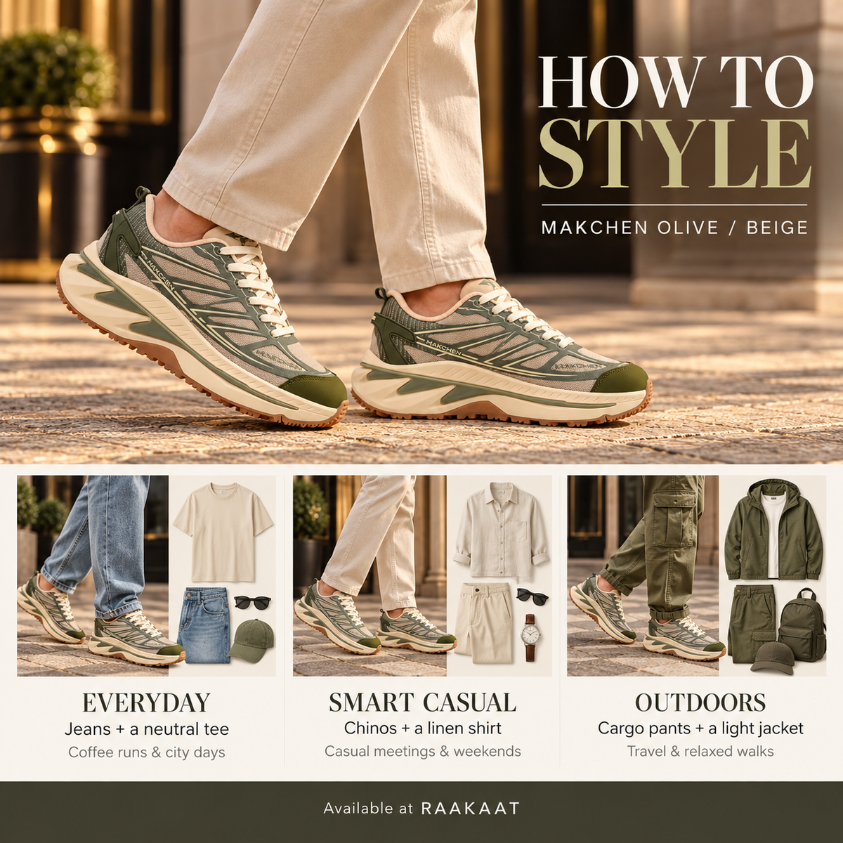Makchen Olive & Beige Chunky Sneakers with Gum Sole | RK-SH-001