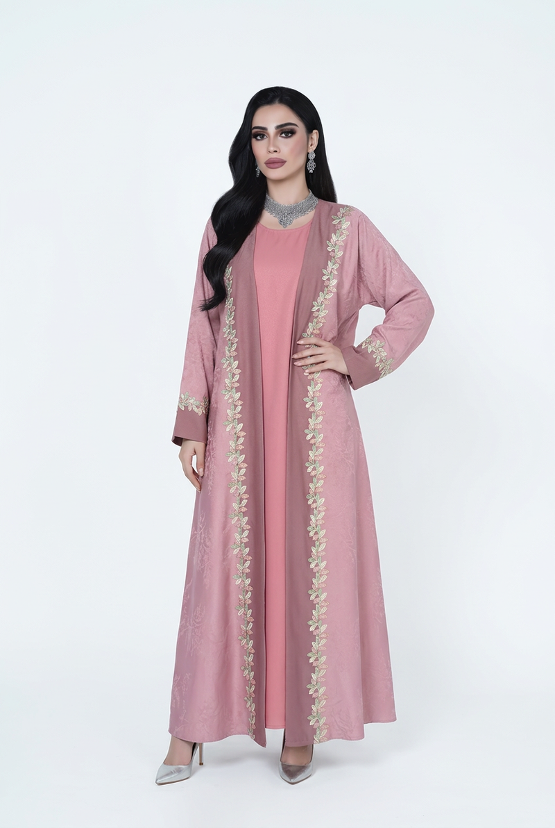 Elegant Pink Embroidered Abaya Set with Matching Scarf