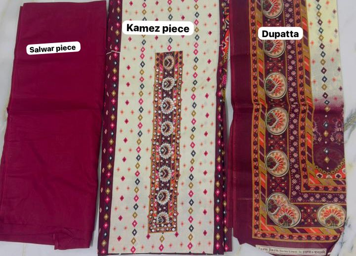 Elegant Plum Maroon Printed Jamjam Cotton Unstitched Three-Piece Suit.. - Raakaat