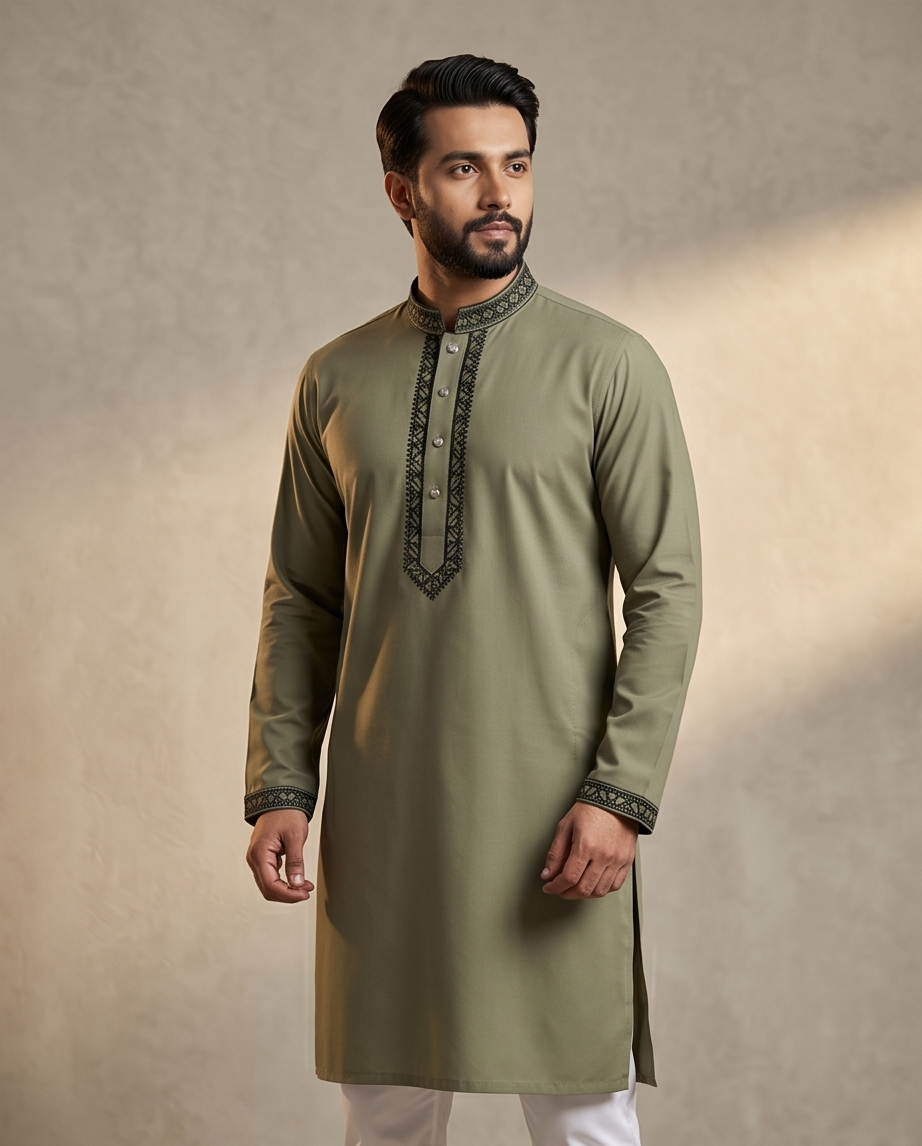 Olive Moss Modern Panjabi | P0026|408 - Raakaat