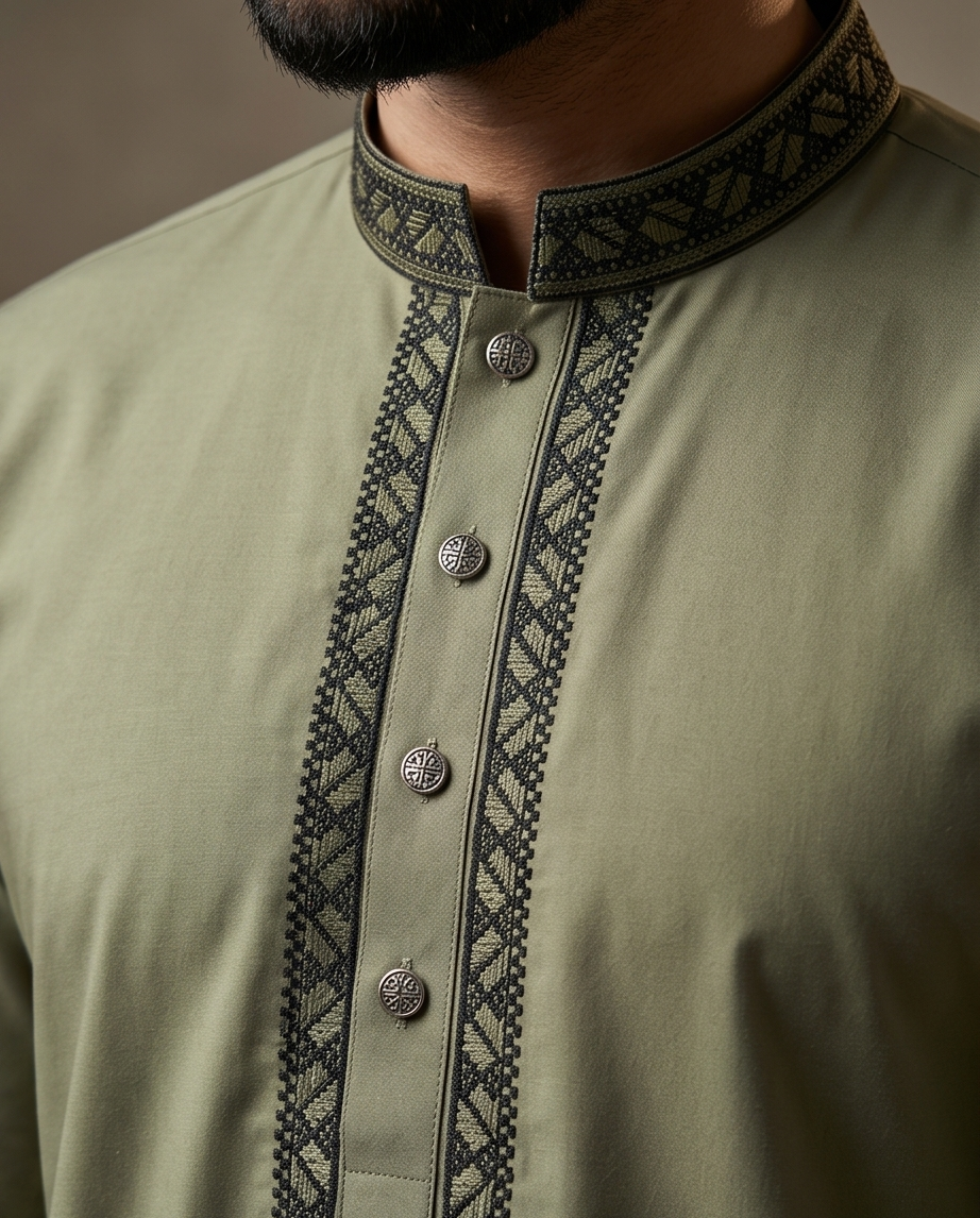 Olive Moss Modern Panjabi | P0026|408 - Raakaat