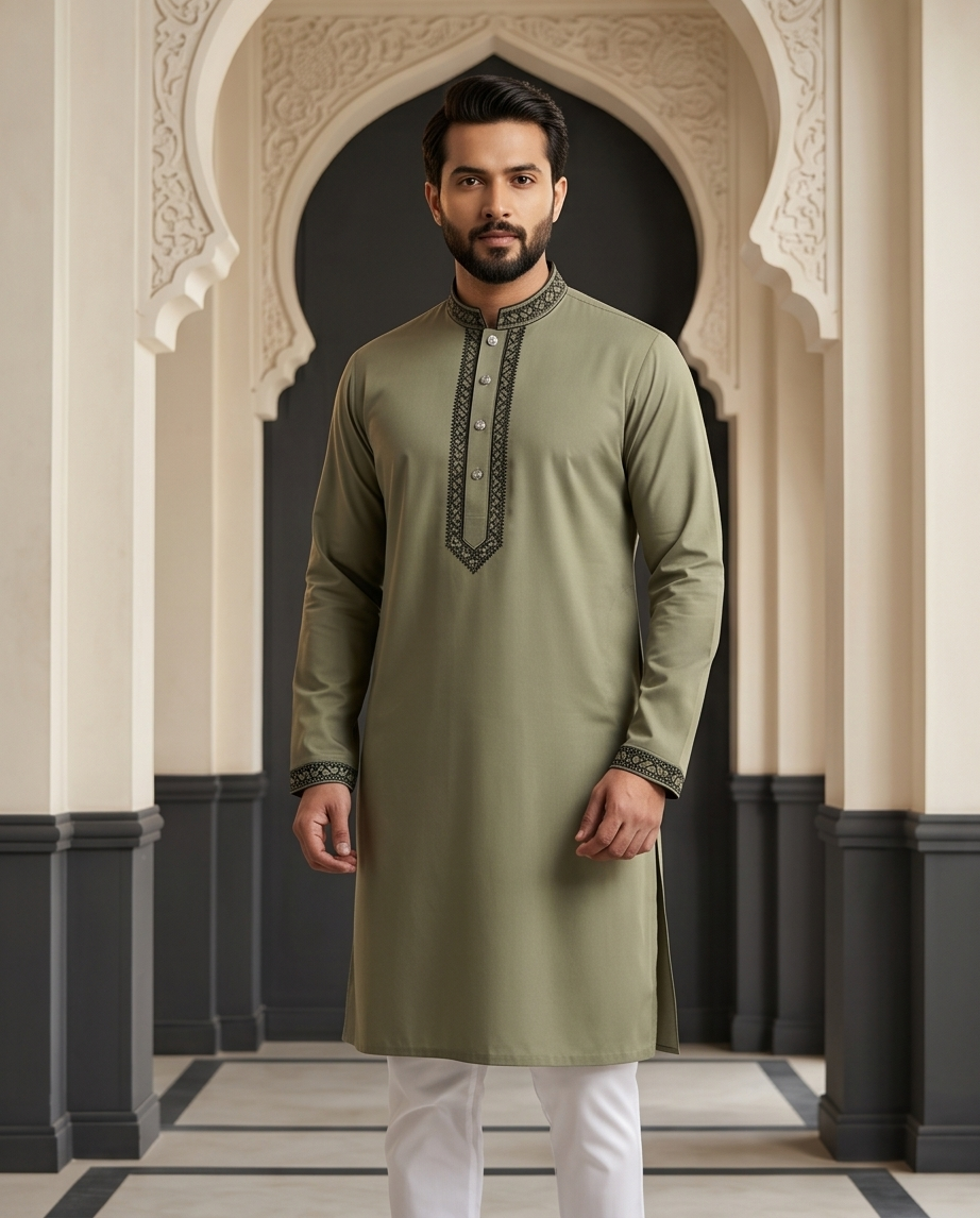 Olive Moss Modern Panjabi | P0026|408 - Raakaat