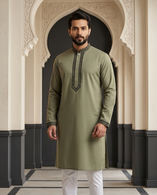 Olive Moss Modern Panjabi | P0026|408 - Raakaat