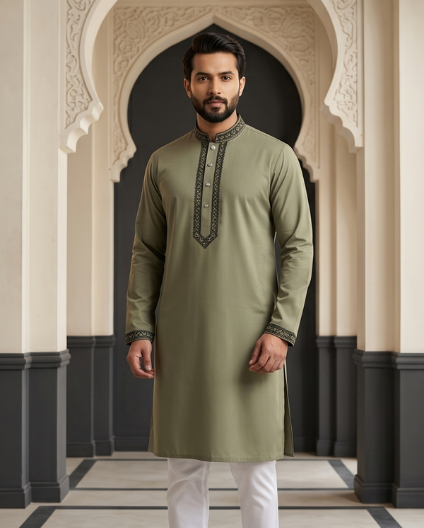 Olive Moss Modern Panjabi | P0026|408 - Raakaat