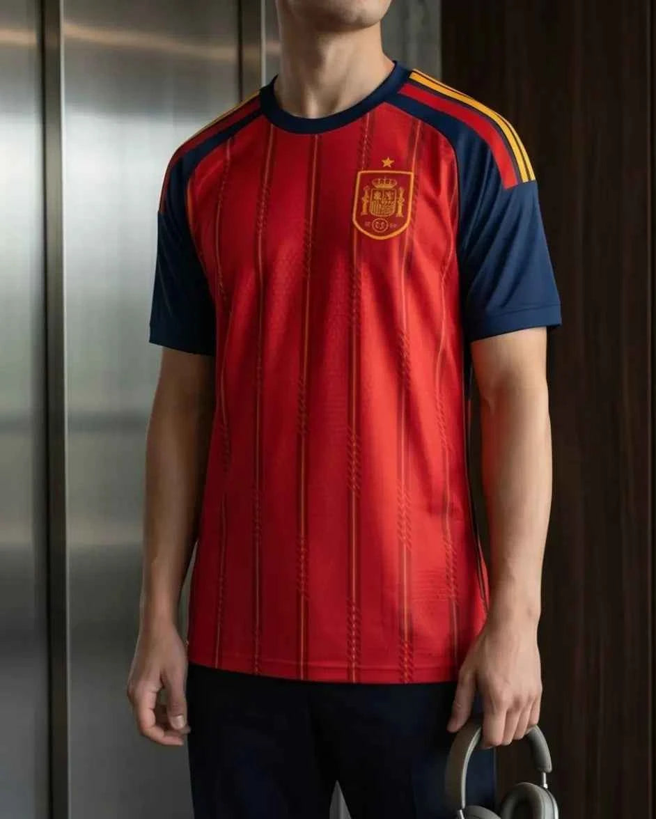 Spain Home Jersey – Red & Navy Gold-Pinstripe 1-Star National Football Shirt