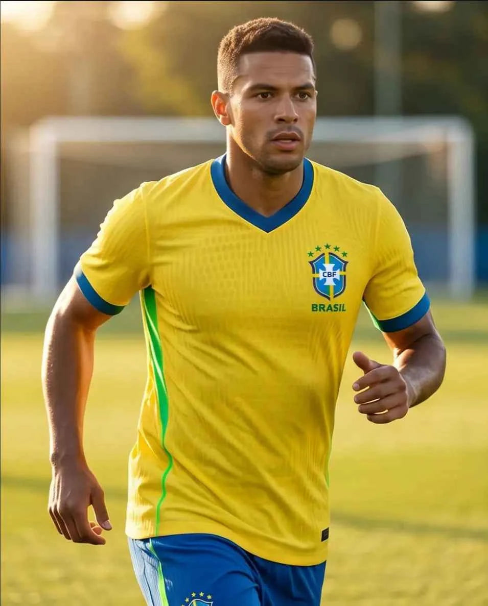 Brazil Home Jersey – Classic Yellow & Green 5-Star National Football T-Shirt