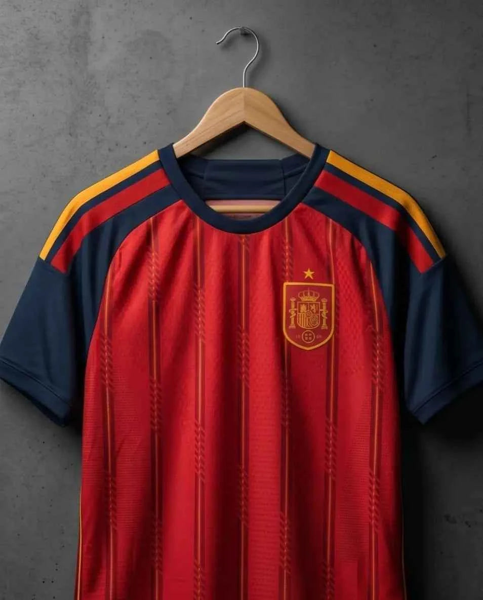 Spain Home Jersey – Red & Navy Gold-Pinstripe 1-Star National Football Shirt