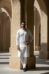 Pure White Slim-Fit Panjabi with Gilded Accents | Eid Collection P0021