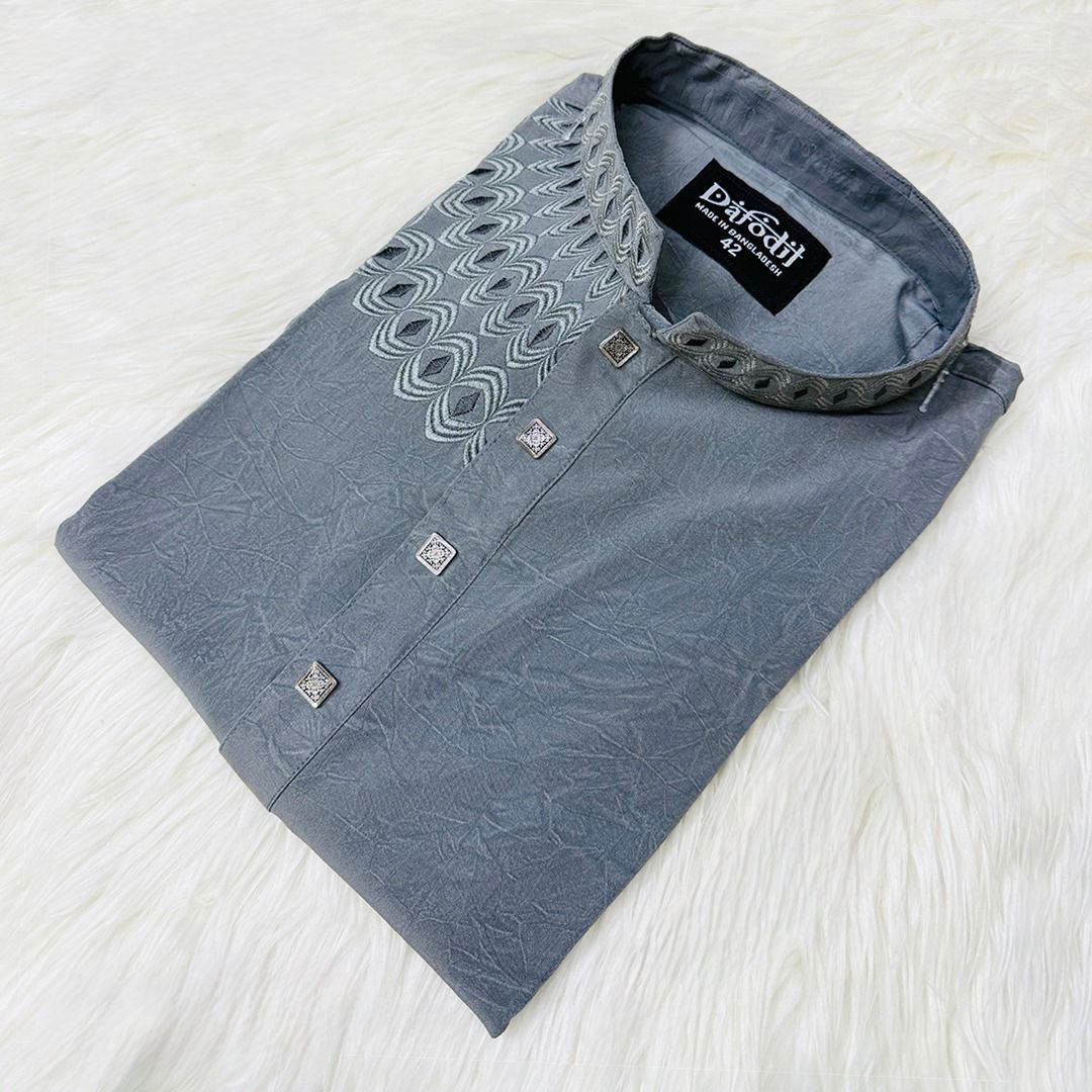 The Slate Elegance | Embroidered Grey Panjabi  | P0031| 184 - Raakaat