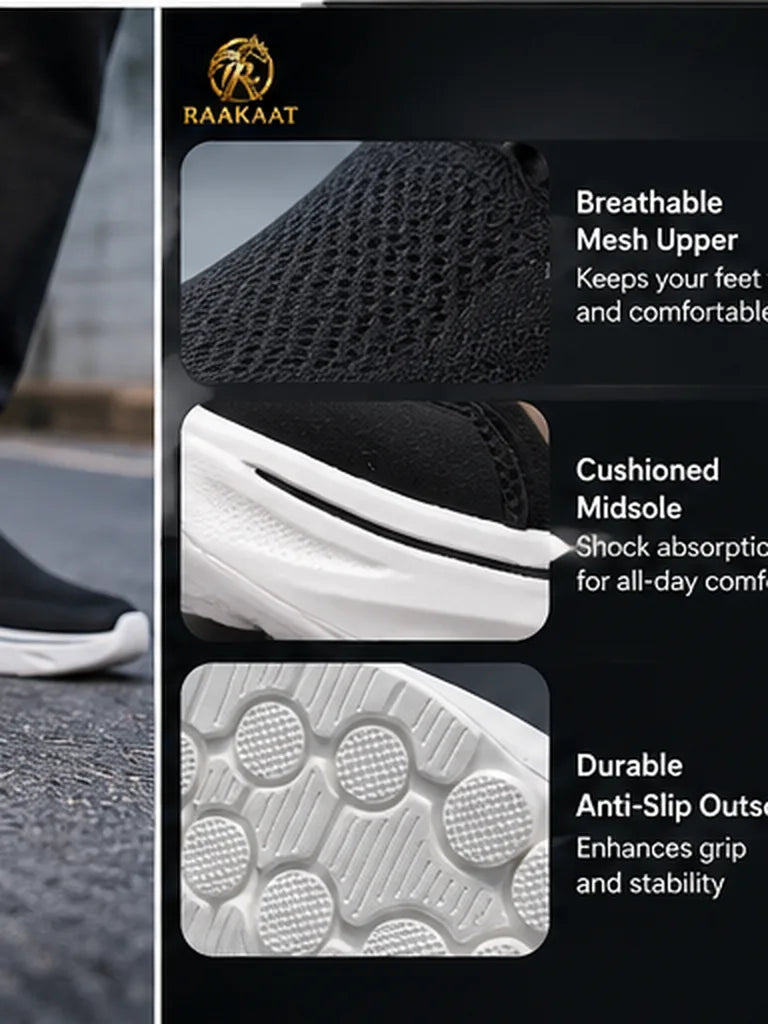 Black mesh slip-on shoes RK-SH-011 material and sole details