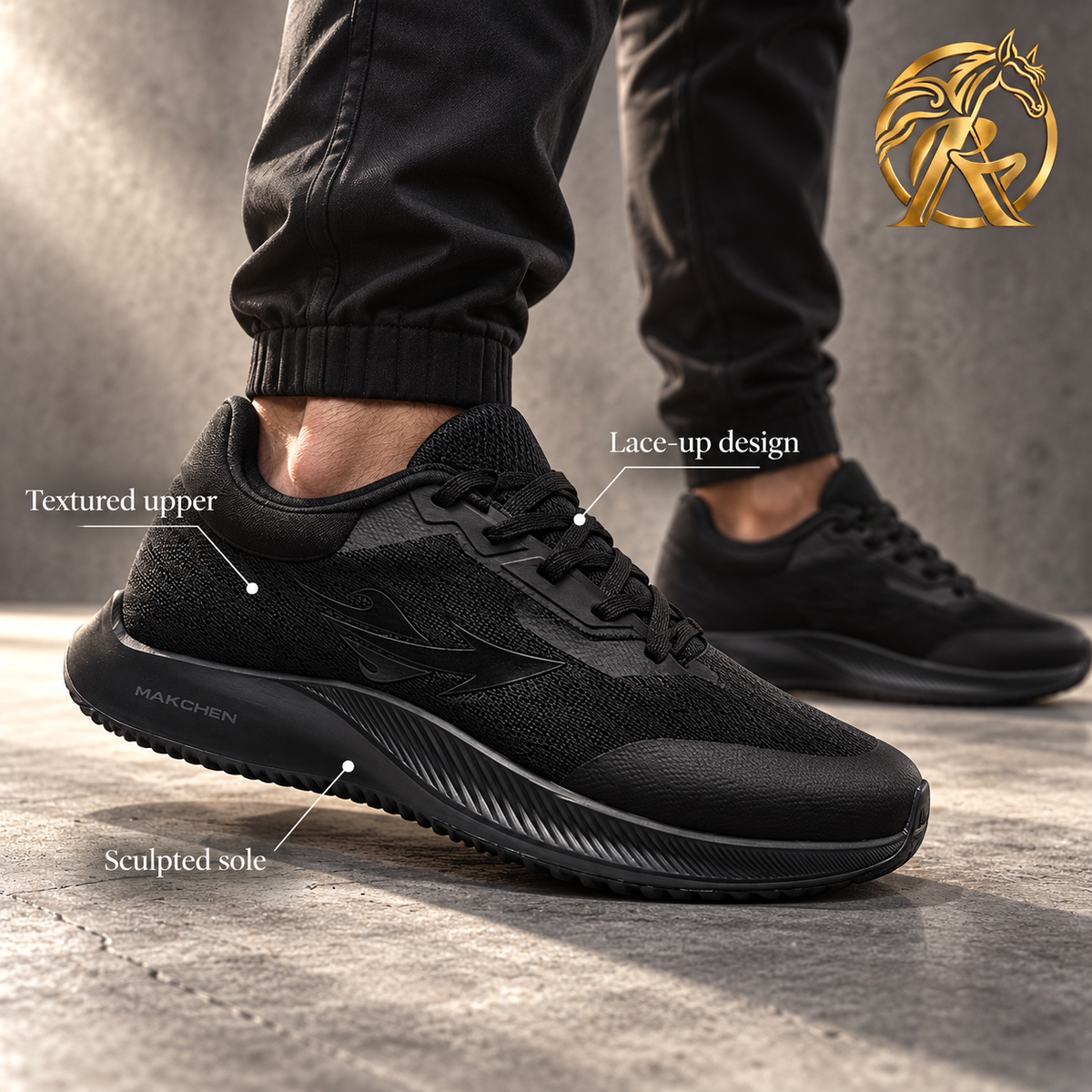 MAKCHEN Men's All-Black Wave-Sole Sneakers - model view