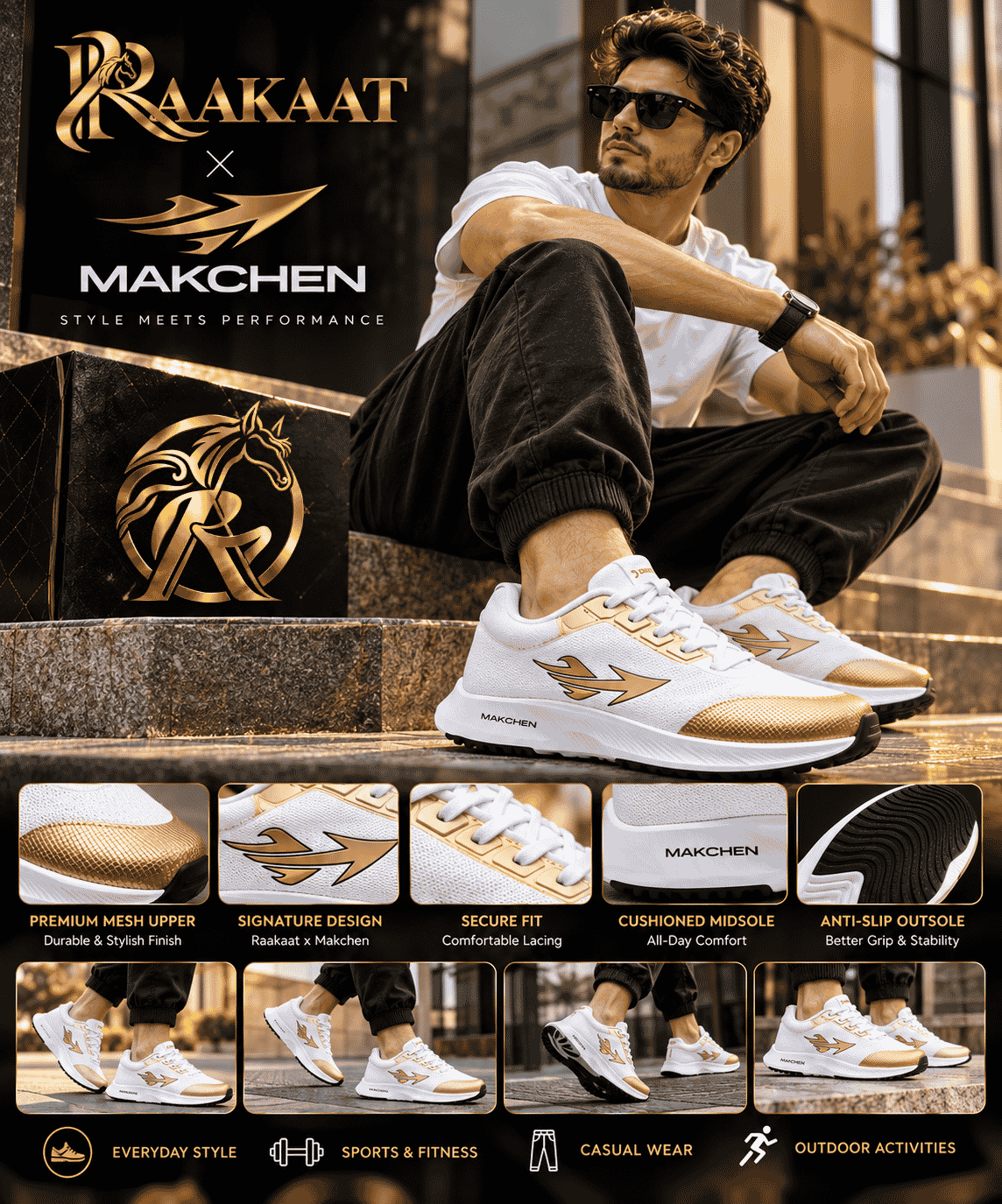 MAKCHEN White & Gold Premium Sneakers | RK-SH-015