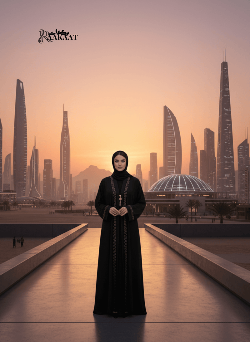 🖤 Classic Black Abaya with Gold Embroidery – Timeless Luxury 🖤 A0003 worn by a woman against a city skyline at sunset.