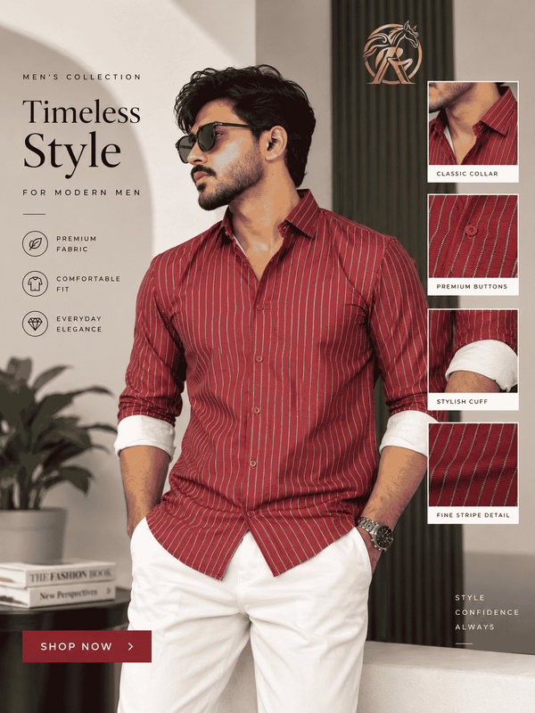 Premium Crimson Red Pinstripe Men’s Shirt – Slim Fit Long Sleeve |