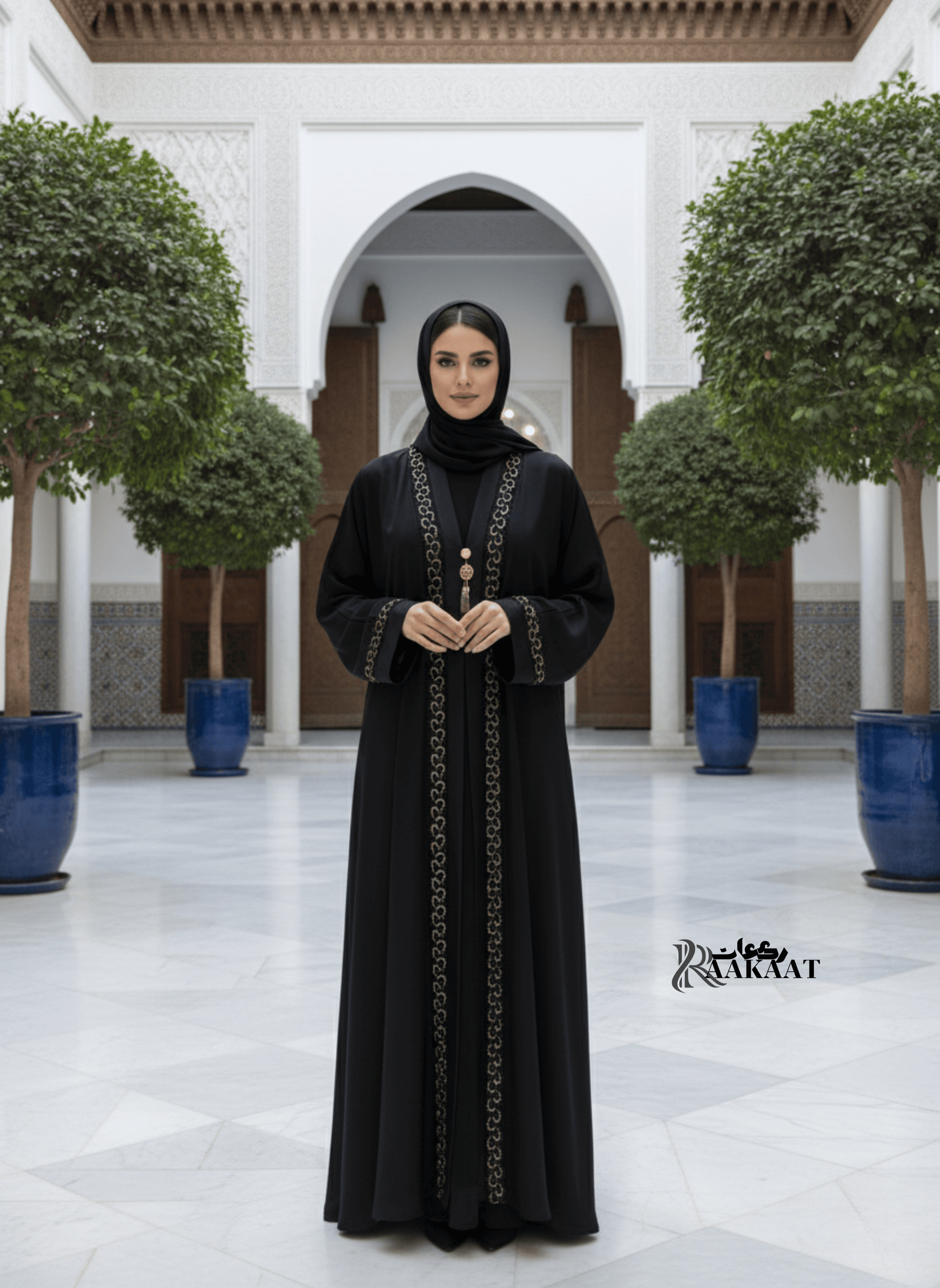 Classic Black Abaya with Gold Embroidery - Sizes 14, 15, 16 - Raakaat