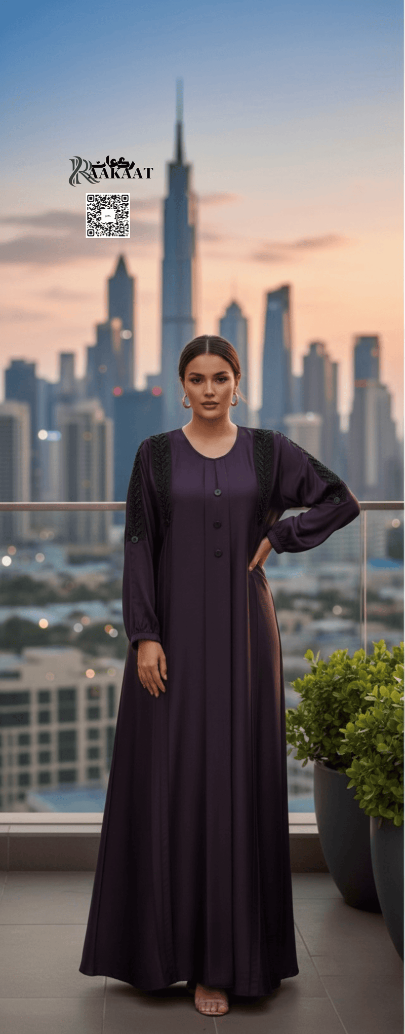 Premium abayas for modern women ✨ A0001 worn by a model against a city skyline at sunset.