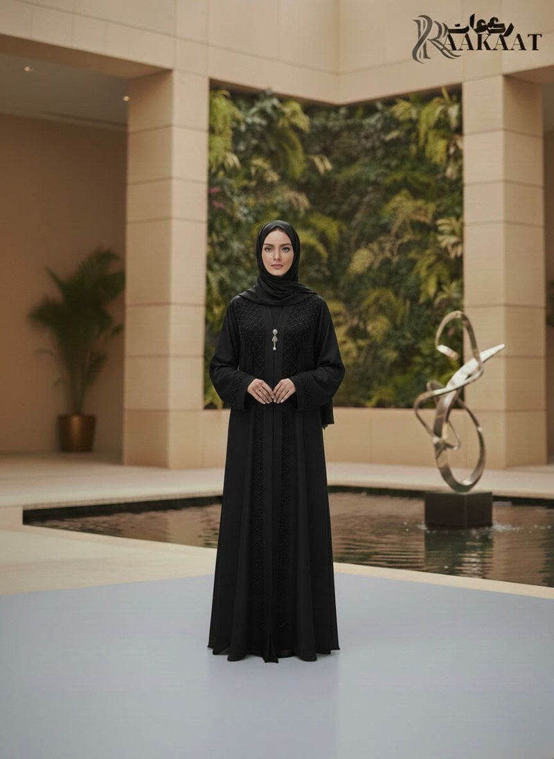 Hand-Crafted Textured Embroidery Abaya Set A0004 in black, featuring a tailored silhouette and matching hijab.
