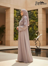 The Signature Floral Meadow Open-Front Abaya A0005 in lavender-grey with intricate embroidery.