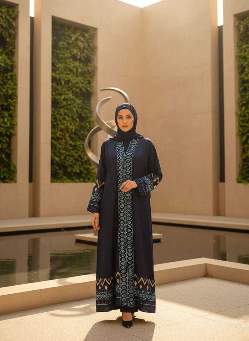 Elegant Grey Embroidered Open Abaya with Geometric Borders A0006 displayed in a modern outdoor setting.