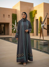 Elegant Grey Embroidered Open Abaya with Geometric Borders A0006, showcasing geometric embroidery and modern modest fashion.