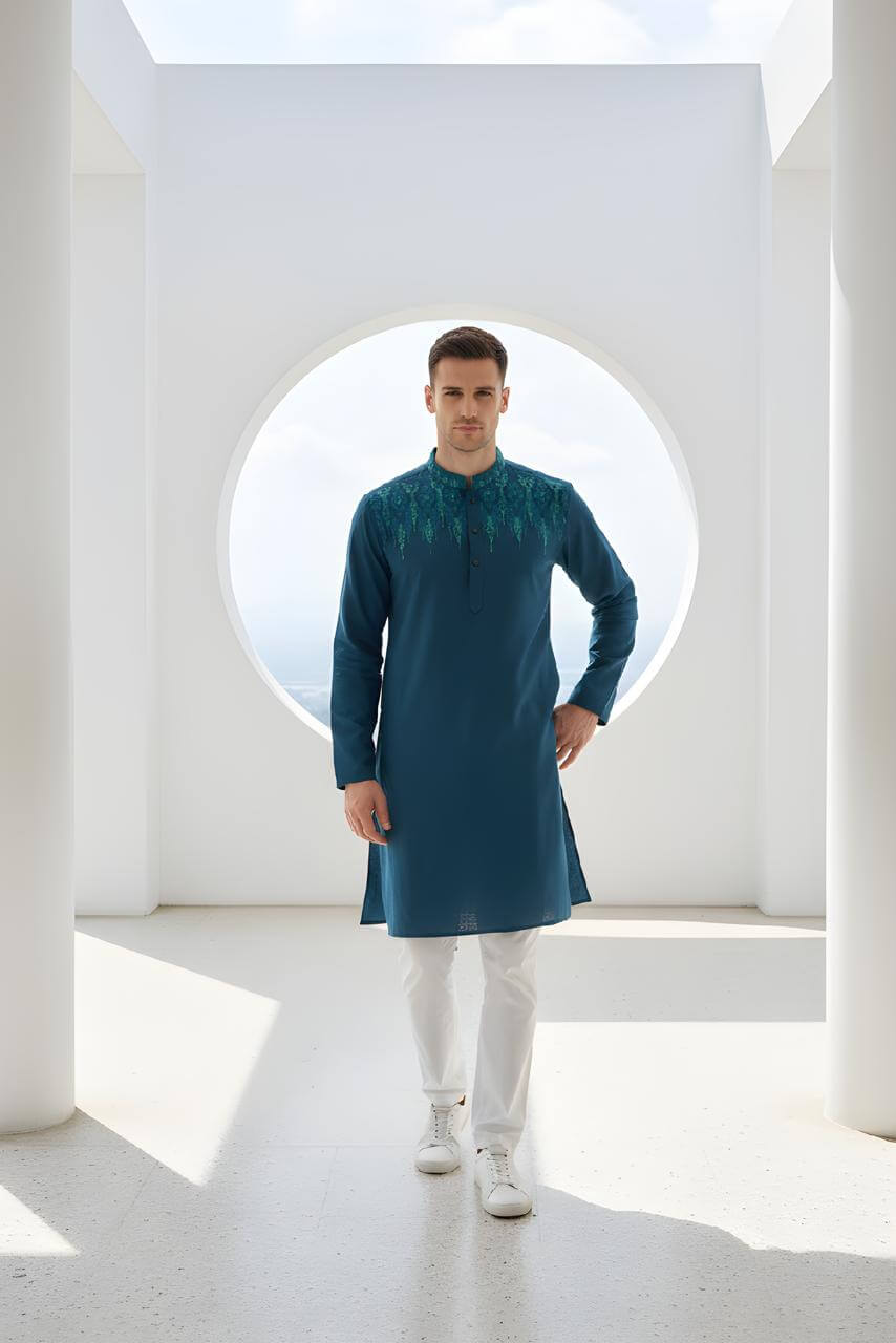The Azure Horizon Embroidered Panjabi  P0007 | 208 - Raakaat