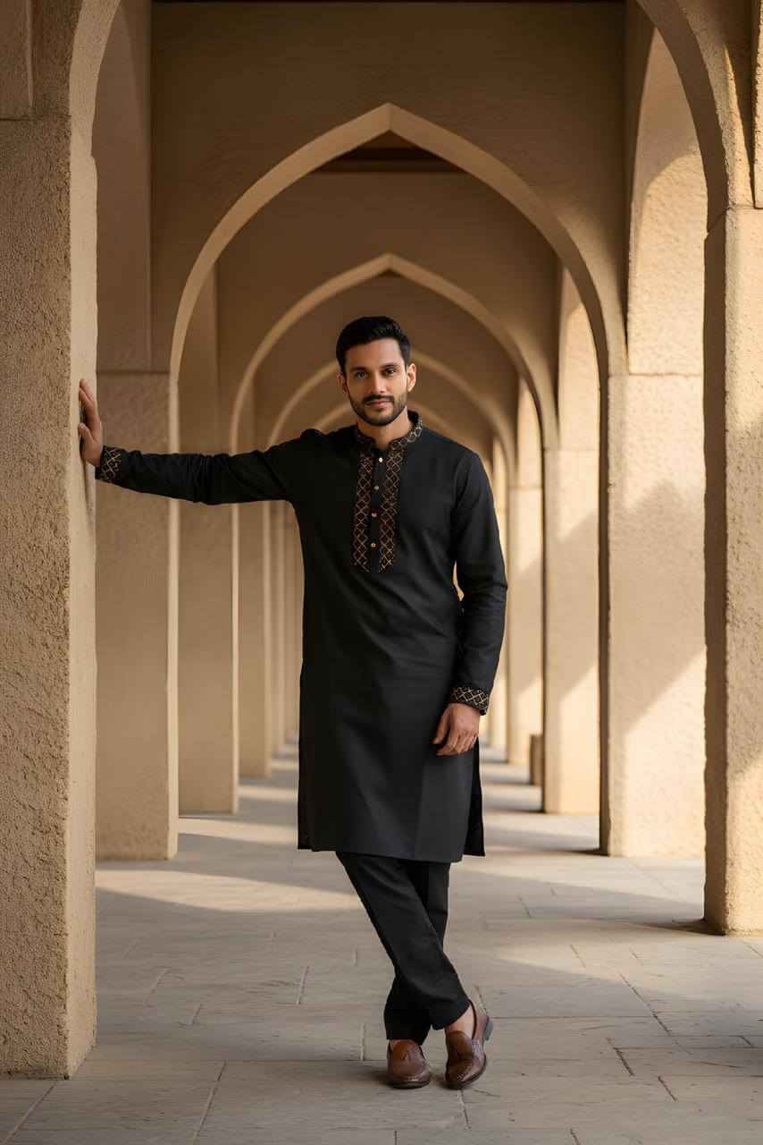 Classic Black Bangladeshi Panjabi with Elegant Golden Embroidery P0002 | 189 - Raakaat