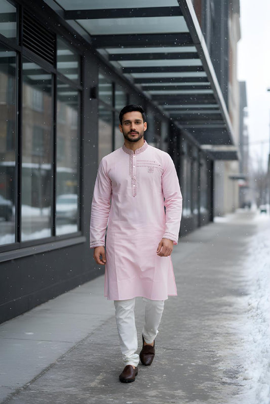 Blush Pink Slim-Fit Panjabi with Intricate Threadwork | Eid Collection P0022|252 - Raakaat