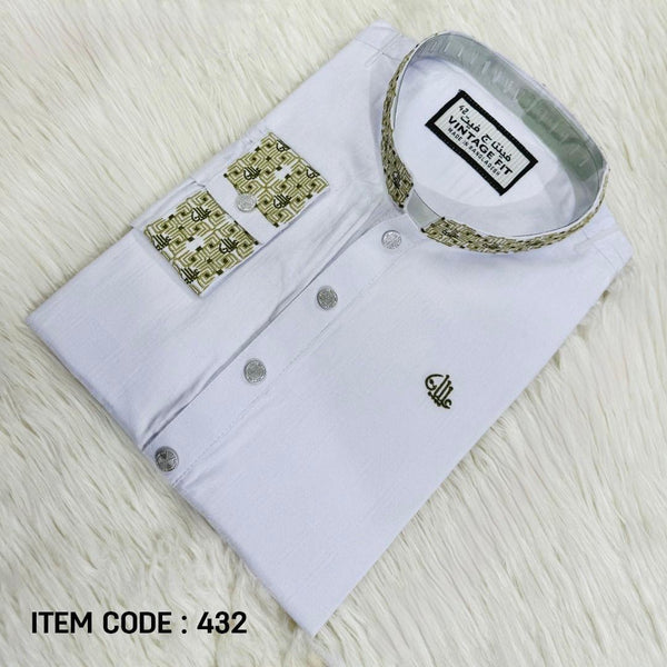 Pristine White Panjabi with Olive Calligraphic Embroidery | 432| - Raakaat