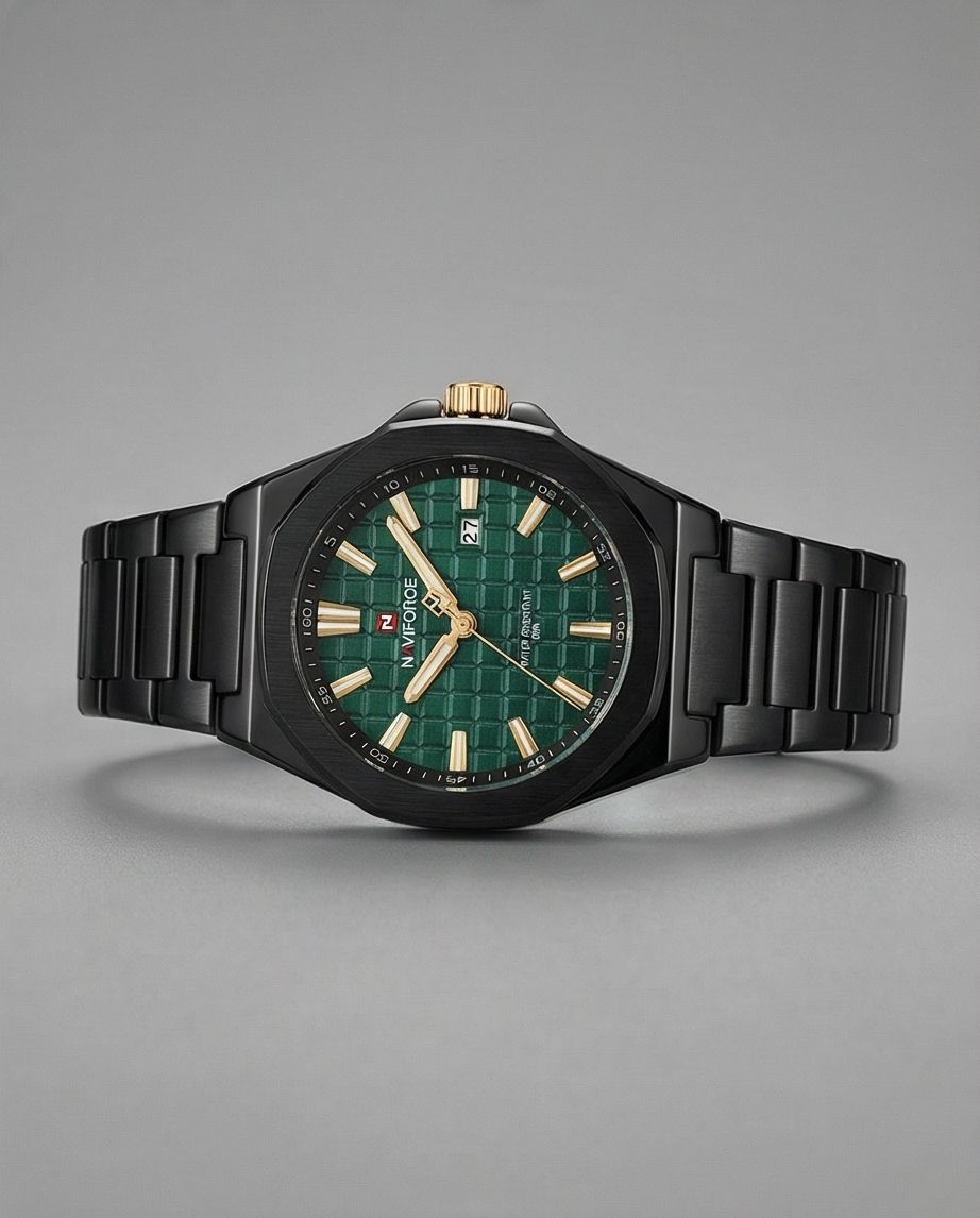 W1-NAVIFORCE Obsidian Black & Emerald Green Men’s Luxury Quartz Watch – Waterproof Stainless Steel - Raakaat