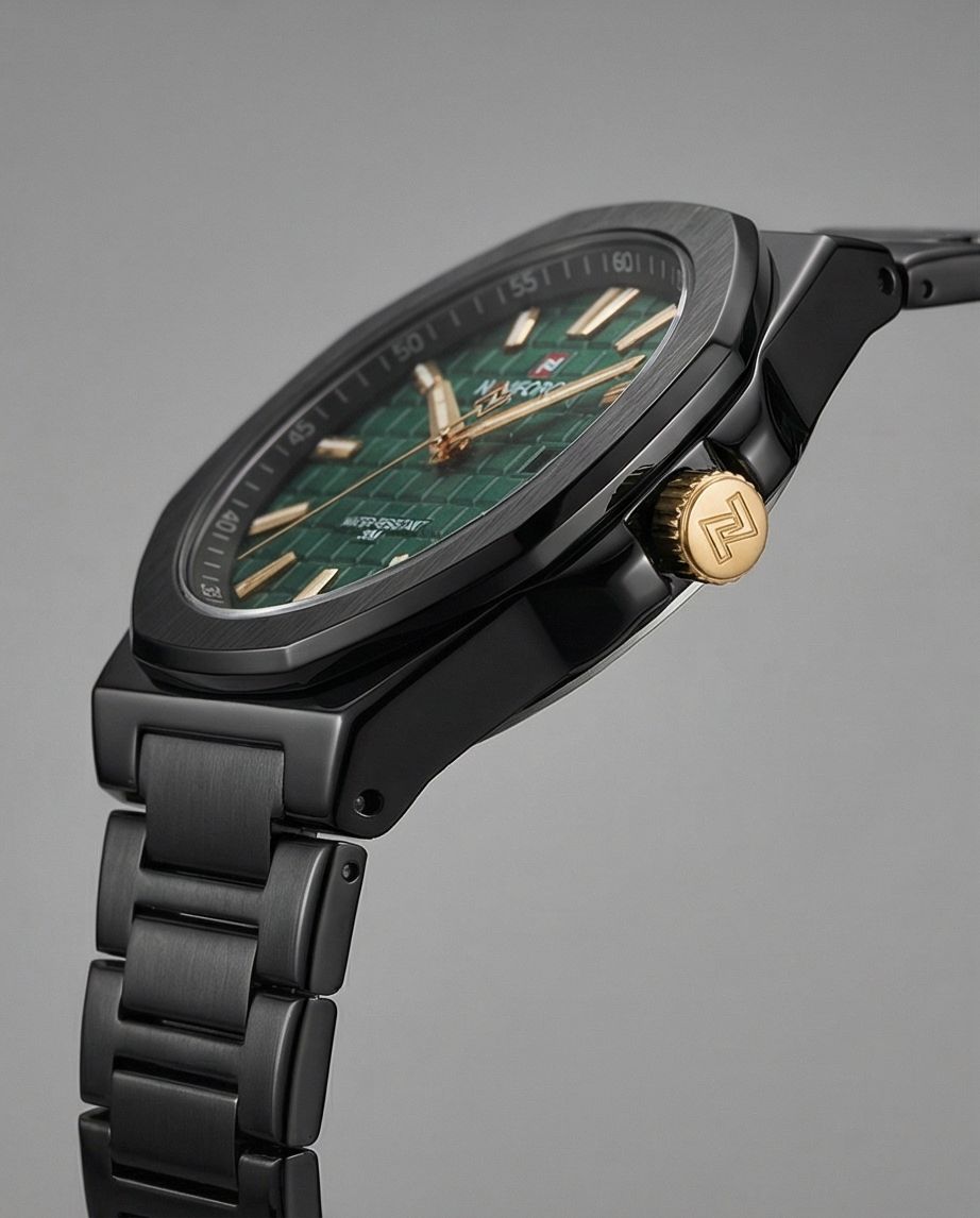 W1-NAVIFORCE Obsidian Black & Emerald Green Men’s Luxury Quartz Watch – Waterproof Stainless Steel - Raakaat
