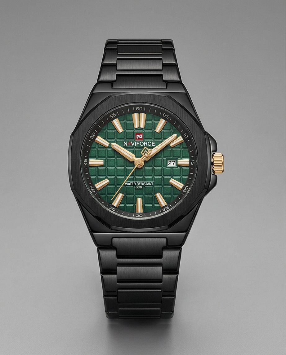 W1-NAVIFORCE Obsidian Black & Emerald Green Men’s Luxury Quartz Watch – Waterproof Stainless Steel - Raakaat