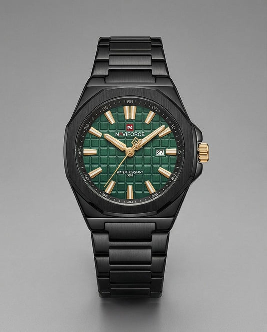 W1-NAVIFORCE Obsidian Black & Emerald Green Men’s Luxury Quartz Watch – Waterproof Stainless Steel - Raakaat