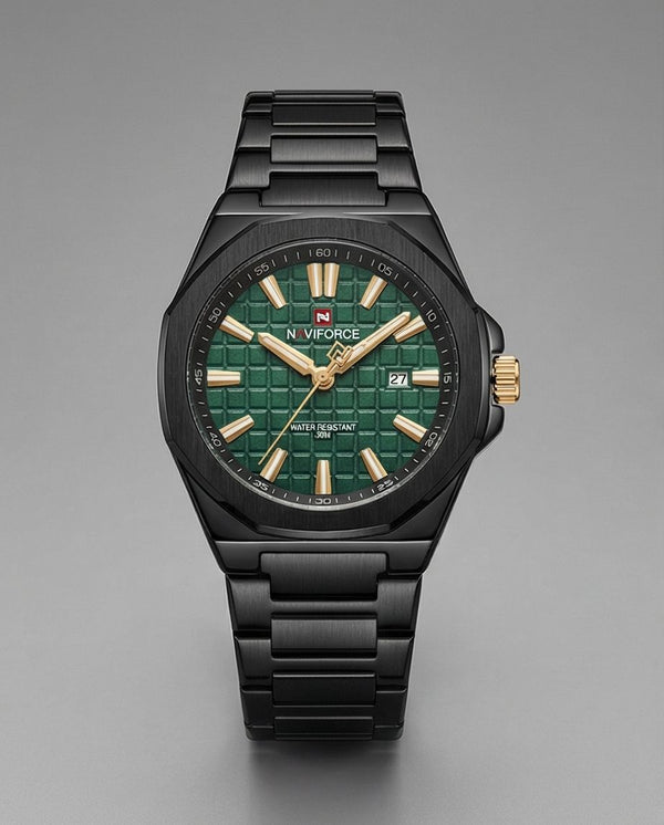 W1-NAVIFORCE Obsidian Black & Emerald Green Men’s Luxury Quartz Watch – Waterproof Stainless Steel - Raakaat