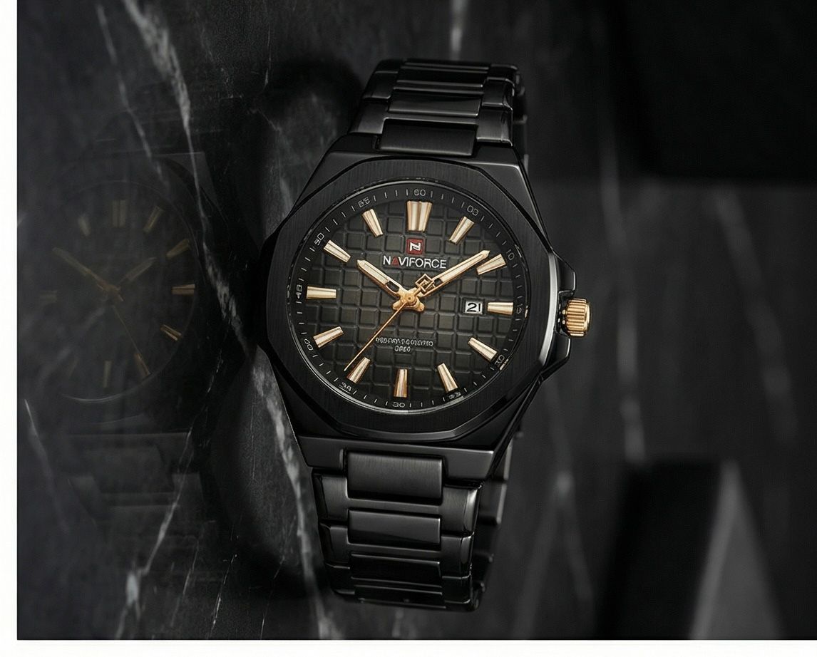 W2-NAVIFORCE Phantom Black Edition – Men’s Luxury Stainless Steel Watch with Rose Gold Accents - Raakaat
