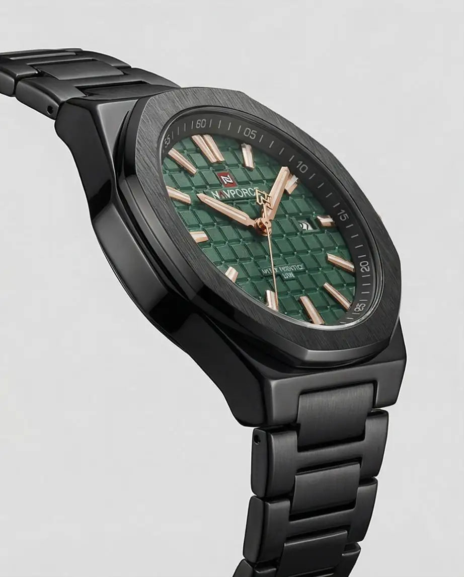 W1-NAVIFORCE Obsidian Black & Emerald Green Men’s Luxury Quartz Watch – Waterproof Stainless Steel - Raakaat