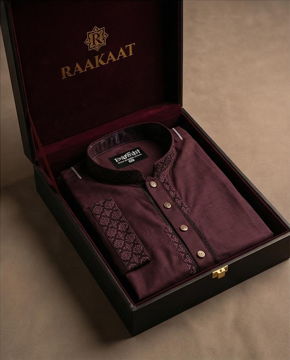 Premium Maroon Embroidered Panjabi – Elegant Traditional Wear for Men | 381 - Raakaat
