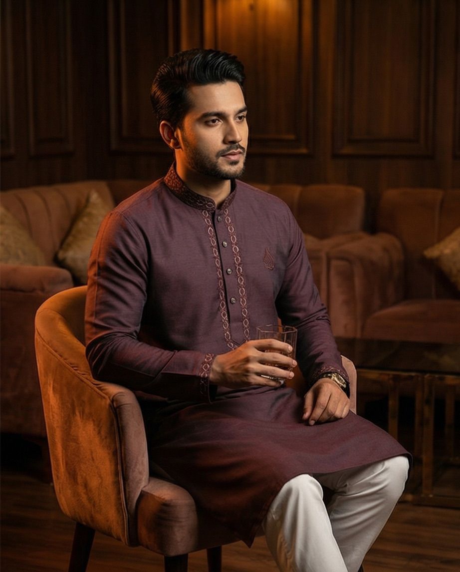 Elegance in Maroon: Embroidered Cotton Panjabi | 388 - Raakaat