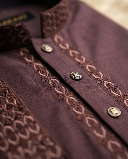 Elegance in Maroon: Embroidered Cotton Panjabi | 388 - Raakaat