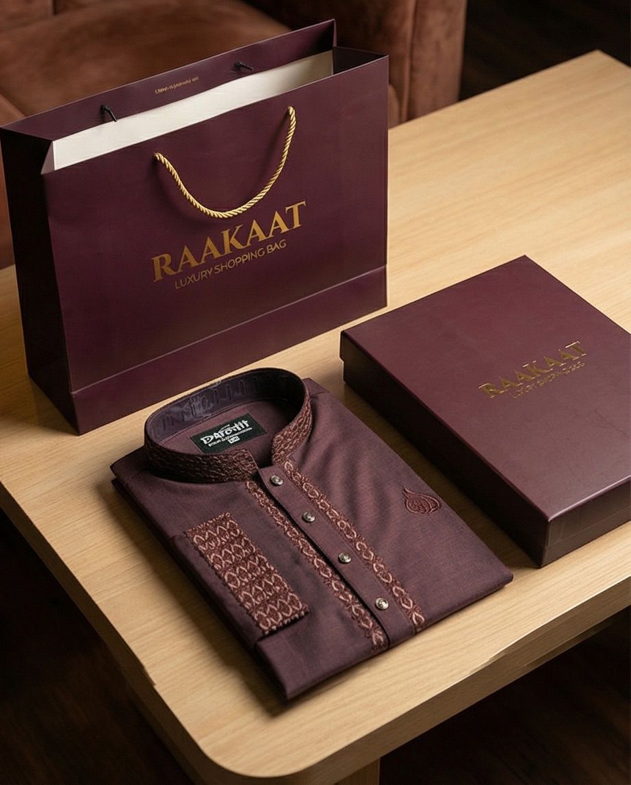 Elegance in Maroon: Embroidered Cotton Panjabi | 388 - Raakaat