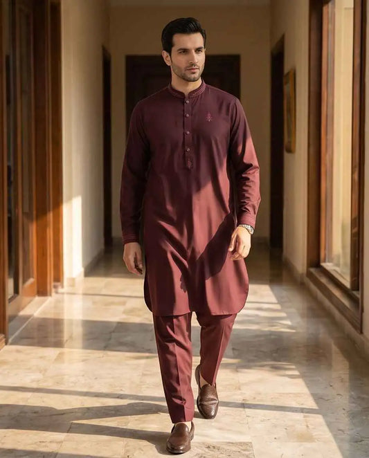 Men's Maroon Embroidered Luxe Kurta Pajama Set | M2 - Raakaat