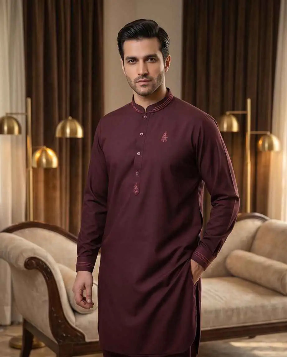 Men's Maroon Embroidered Luxe Kurta Pajama Set | M2 - Raakaat