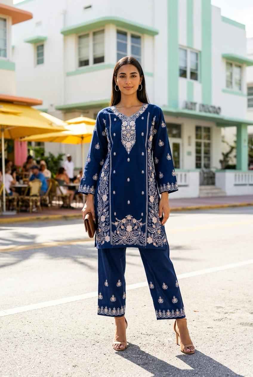 Premium Indigo Blue Embroidered Cotton Kurti Set|TPS05| - Raakaat
