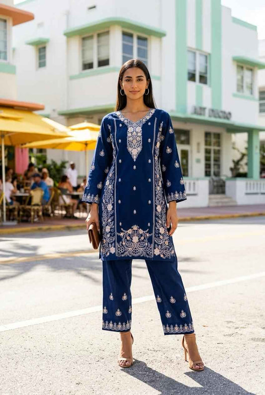 Premium Indigo Blue Embroidered Cotton Kurti Set|TPS05| - Raakaat