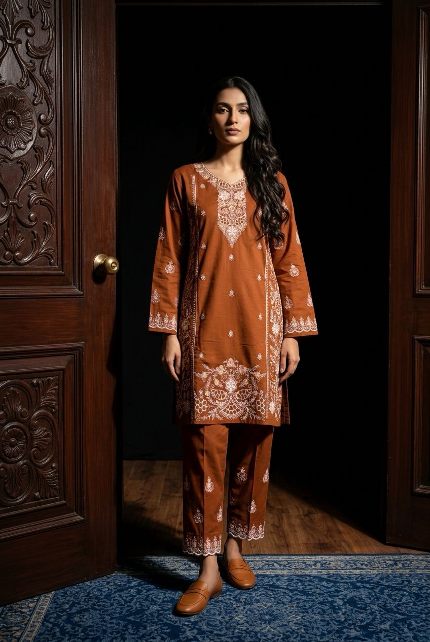 Elegant Rust Brown Embroidered Cotton Kurti Set | TPS07 - Raakaat