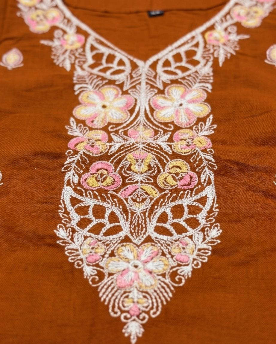 Elegant Rust Brown Embroidered Cotton Kurti Set | TPS07 - Raakaat