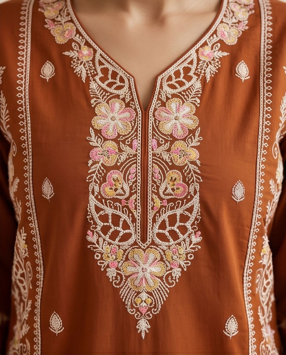 Elegant Rust Brown Embroidered Cotton Kurti Set | TPS07 - Raakaat