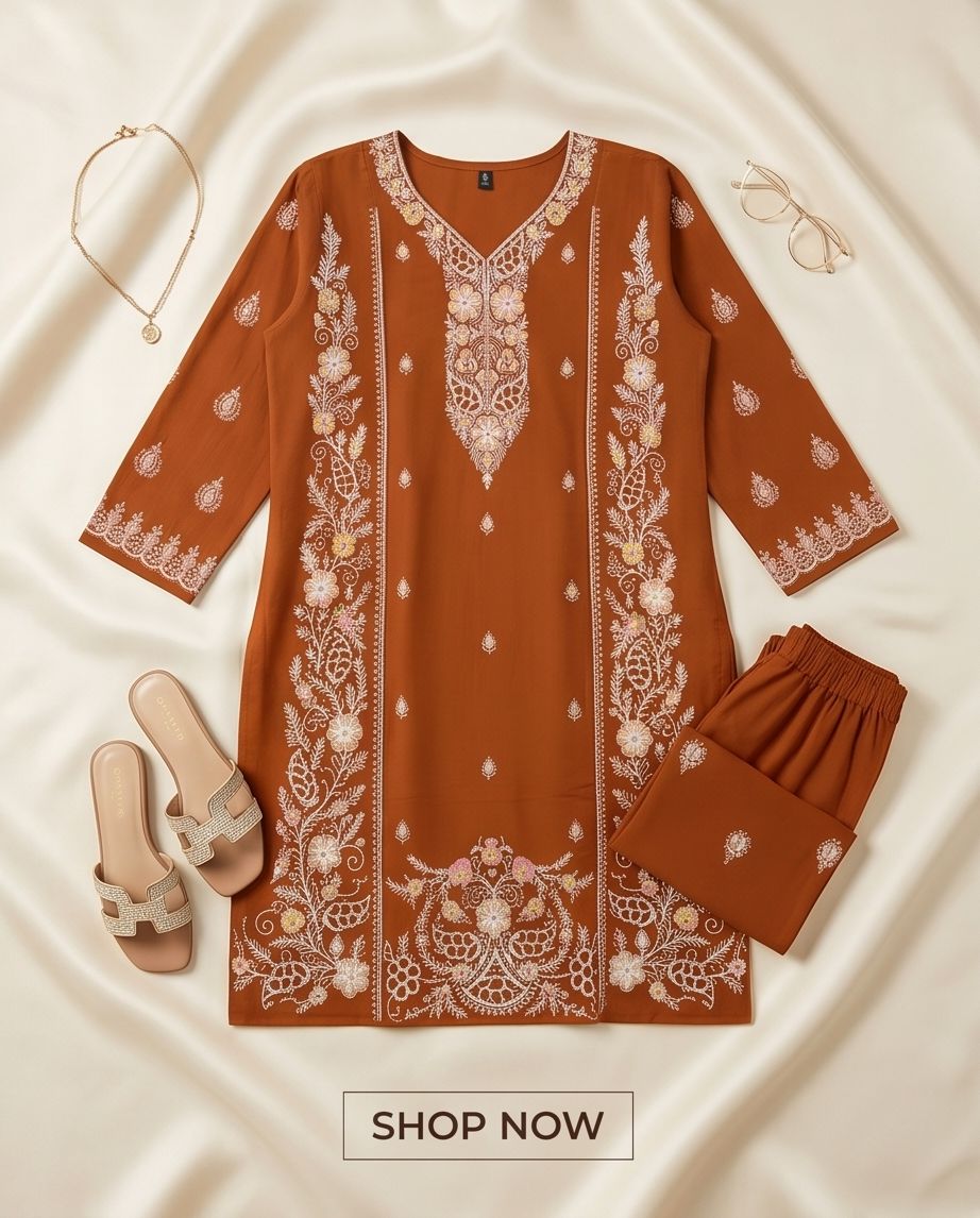 Elegant Rust Brown Embroidered Cotton Kurti Set | TPS07 - Raakaat