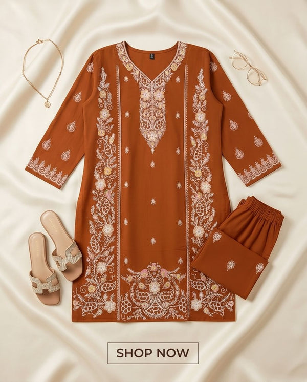 Elegant Rust Brown Embroidered Cotton Kurti Set | TPS07 - Raakaat