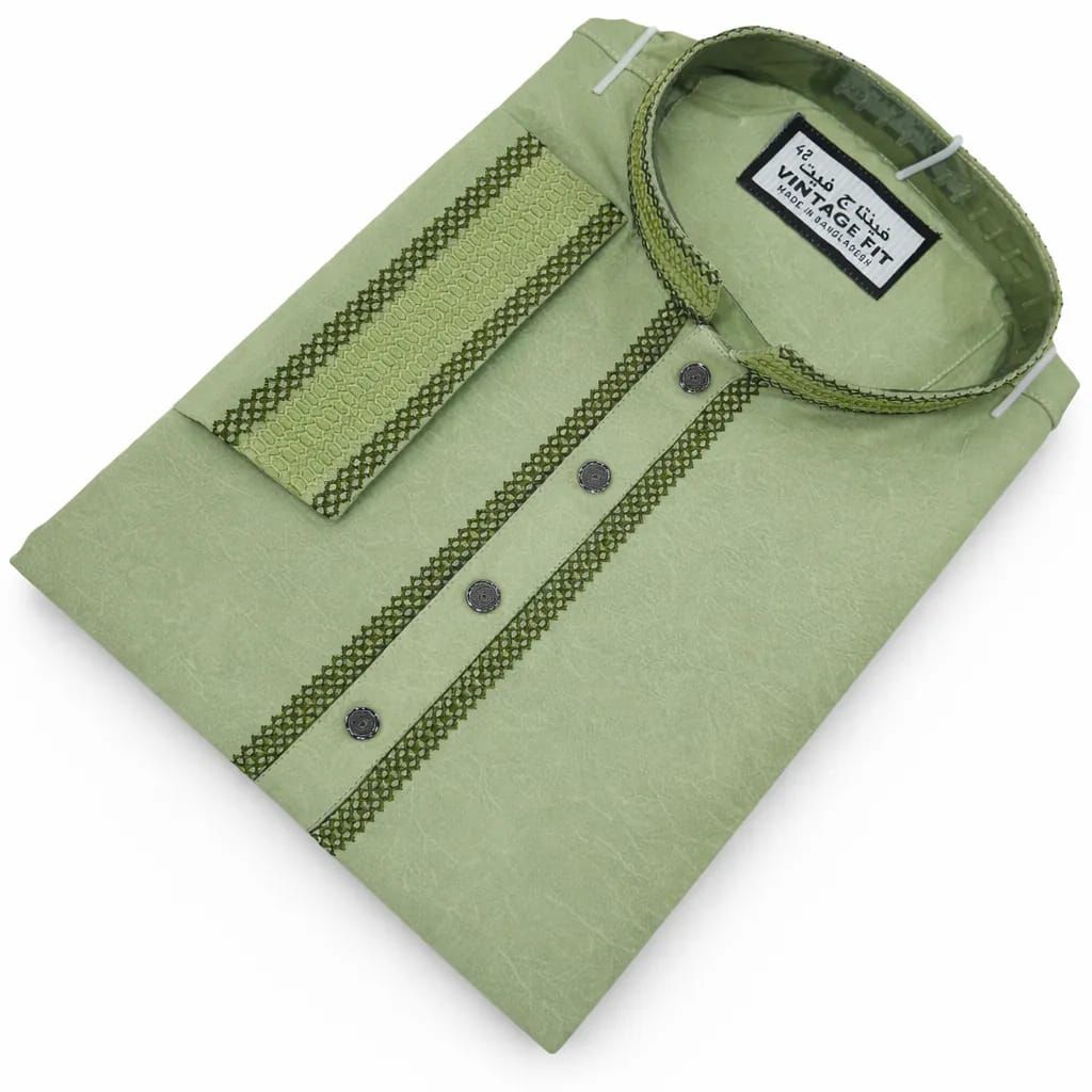 Pastel Mint Stretch Cotton Panjabi – Men’s Premium Embroidered Traditional Wear | 435 - Raakaat