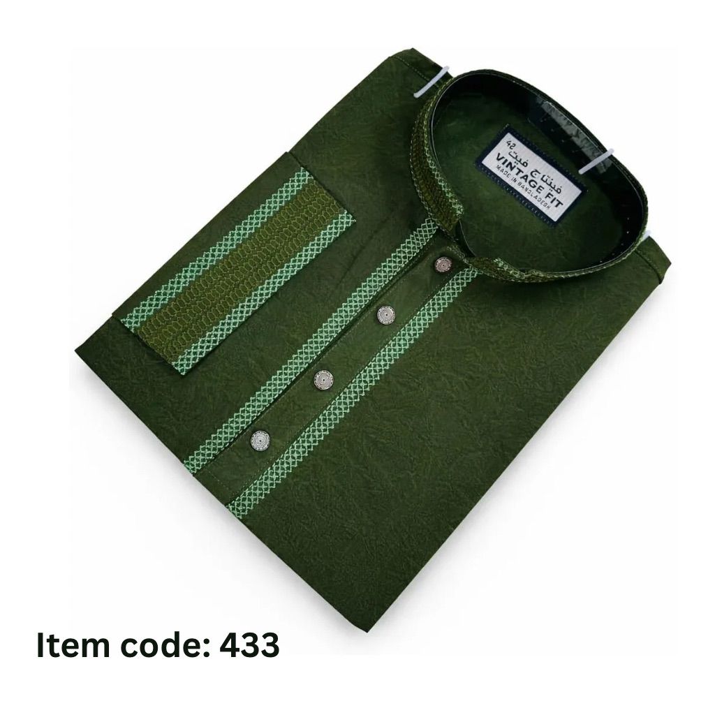 Deep Olive Stretch Cotton Panjabi – Men’s Premium Embroidered Traditional Wear  | 433 - Raakaat